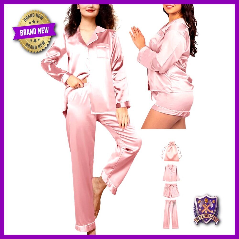 Silk Satin Pajama Set Long Sleeve 4-Piece with Pouch Bag Sleepwear Loungewear